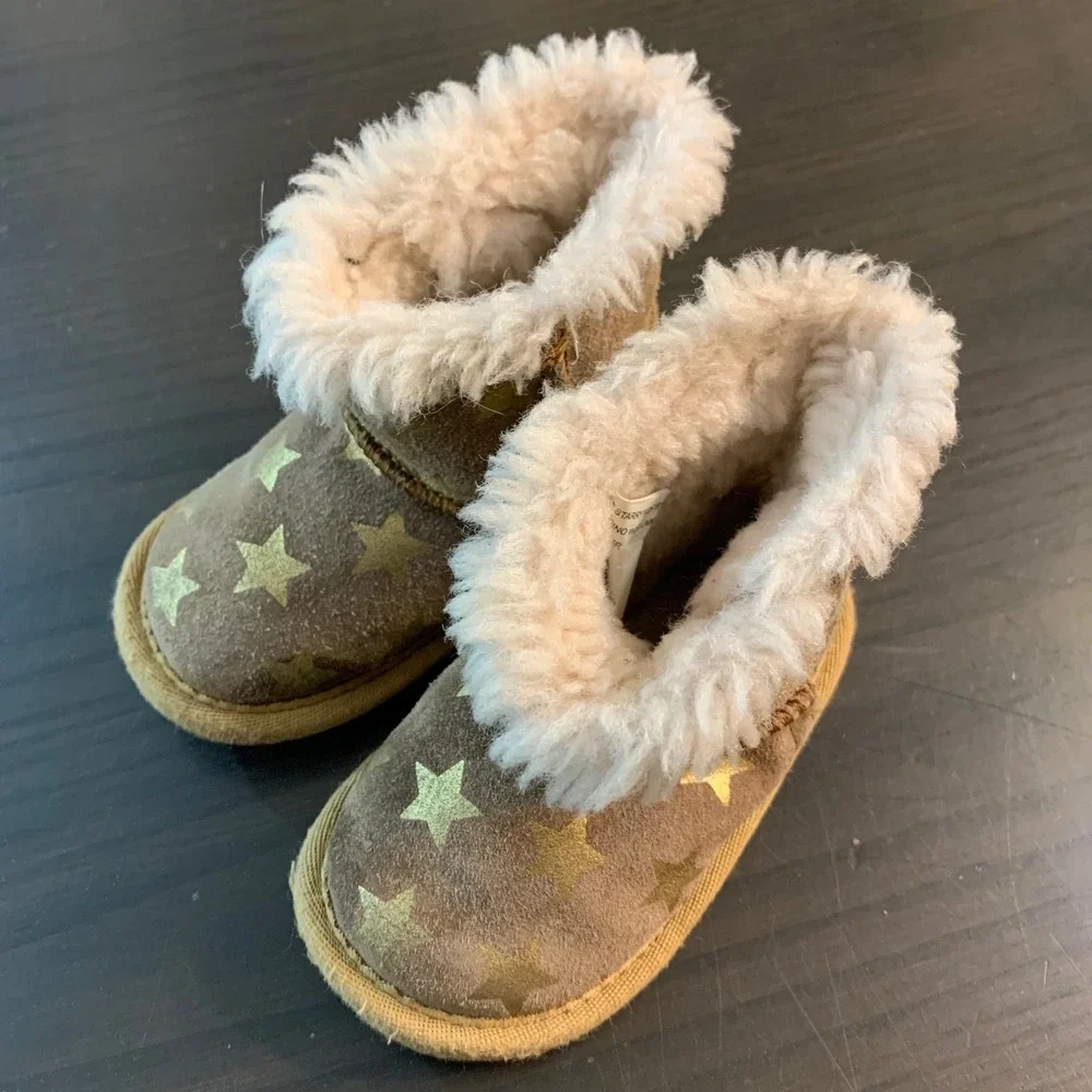 Emu Australia Kids 12-18 Month Star Print‎ Suede Boots Brown Gold Merino Lined